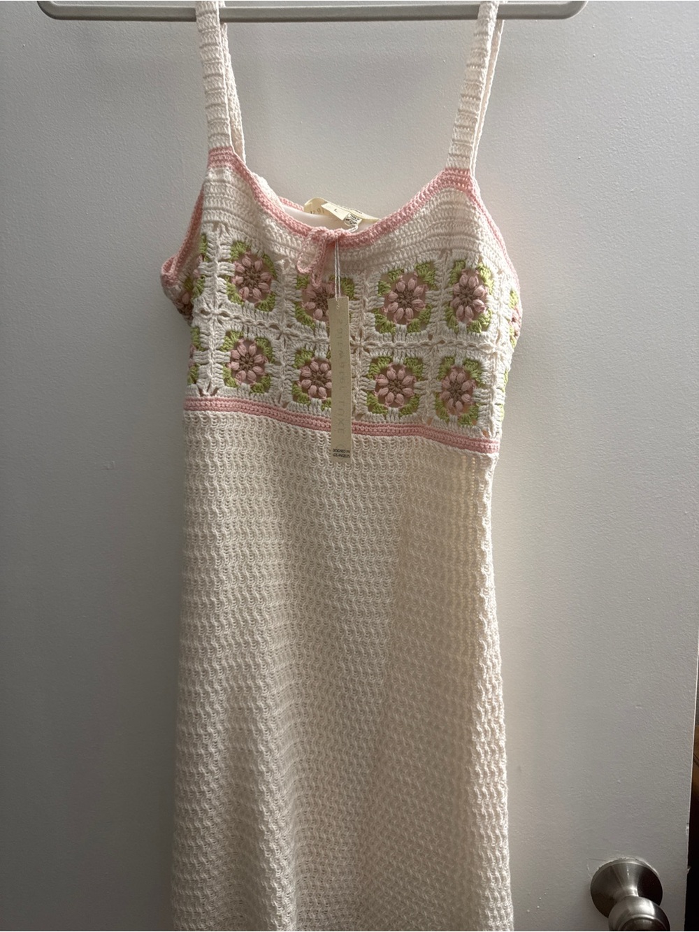saltwater LUXE Cream Crochet Sundress with Pink & Green Floral Squares